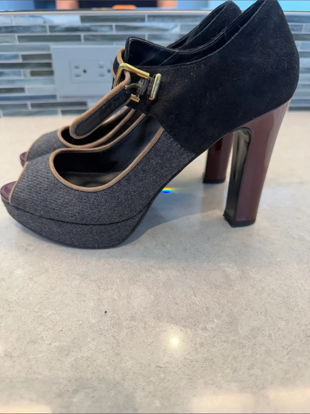 Rare J. Crew Collection Gray and Black Peep Toe Platform Heels with Ankle Strap